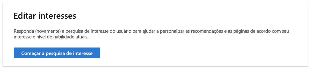 Captura de ecrã da secção Editar interesses nas definições de perfil do Microsoft Learn.