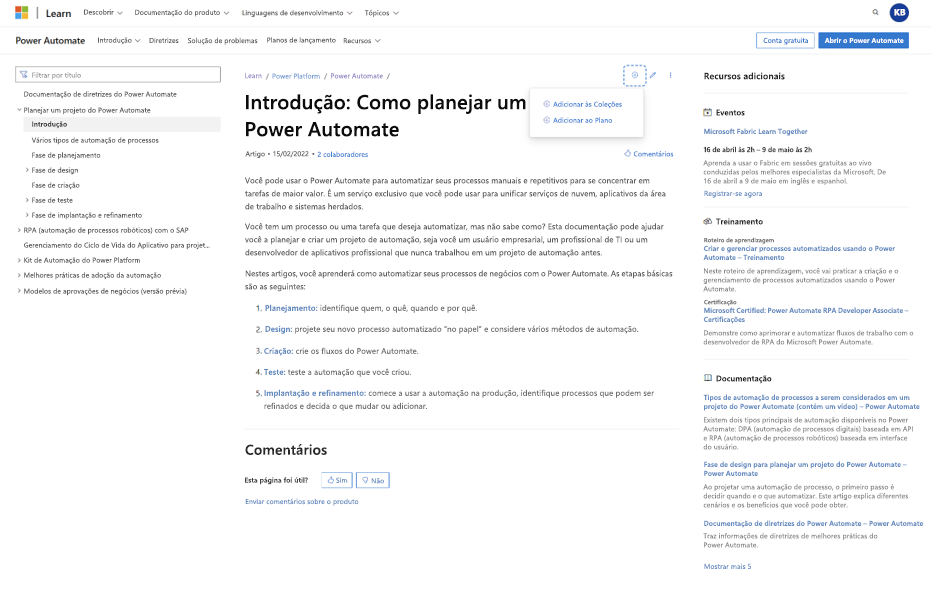 Captura de ecrã a mostrar a adição de conteúdo a um plano não publicado. Novas ações aparecem em todo o conteúdo no site do Learn que permite que você 