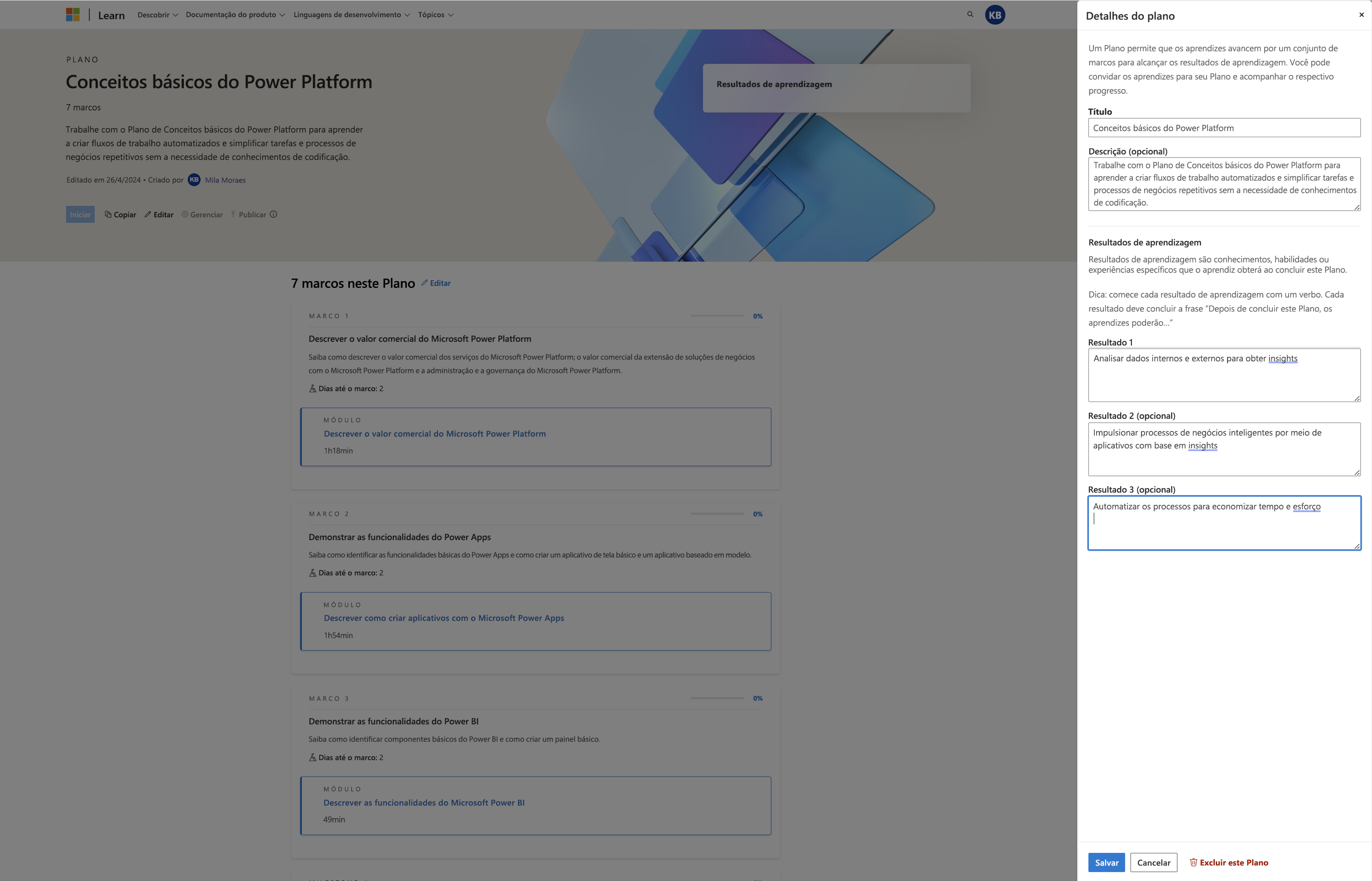 Captura de ecrã a mostrar a adição de resultados de aprendizagem a um plano. Abre-se uma lâmina que permite ao criador do plano introduzir resultados de aprendizagem e guardá-los.