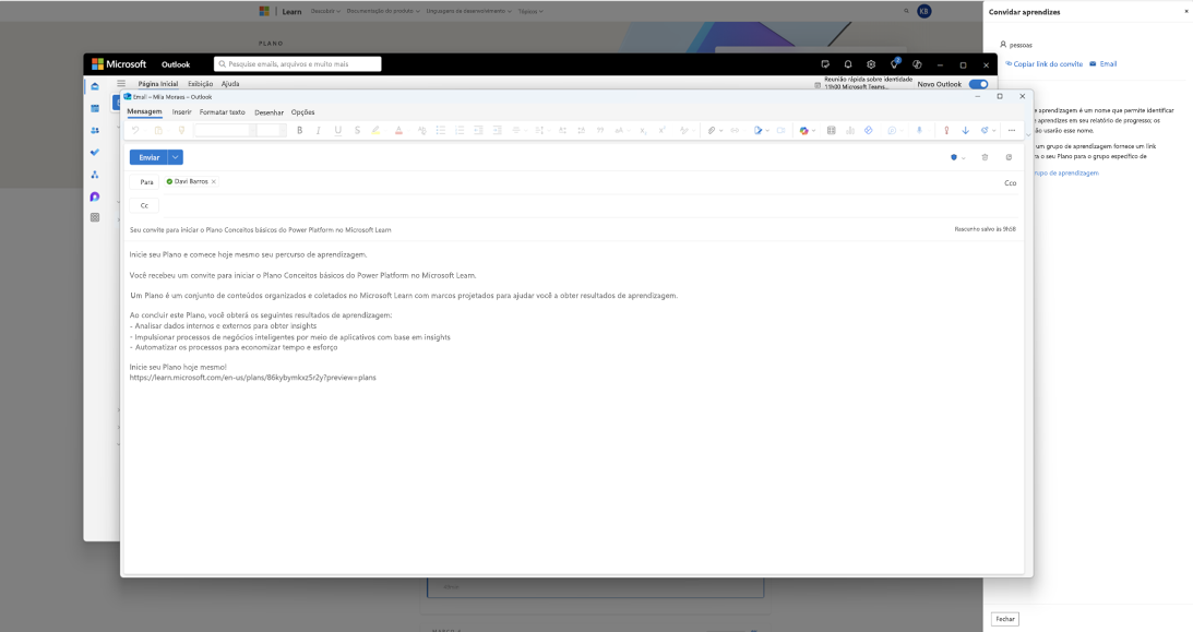 Captura de ecrã de um exemplo de e-mail com texto predefinido para partilhar um plano.