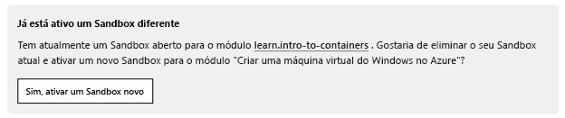 Notificação a informar que outro sandbox está ativo, com um botão para ativar um novo sandbox.