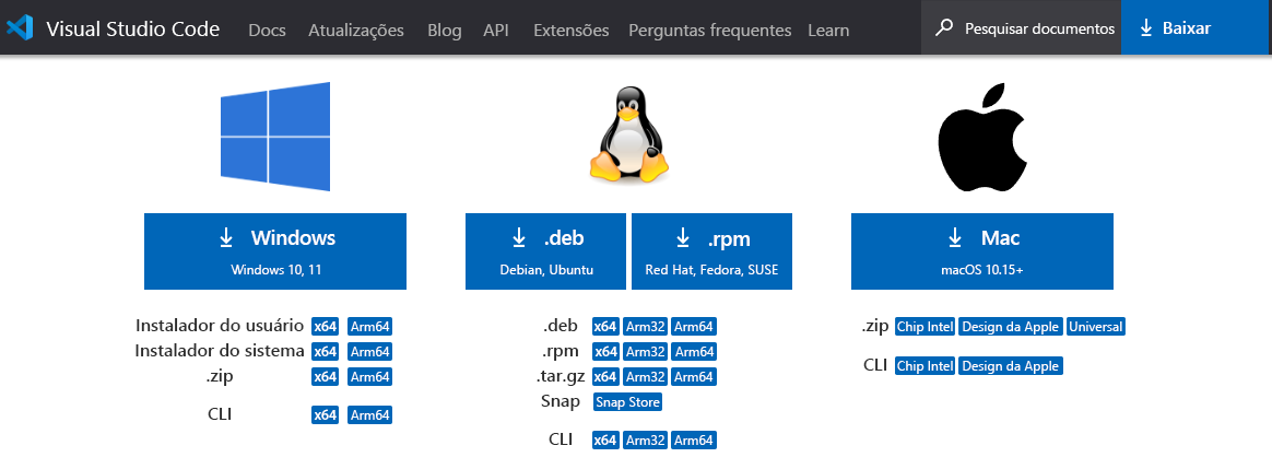 Captura de tela do site do Visual Studio Code mostrando downloads disponíveis no Linux, macOS e Windows.