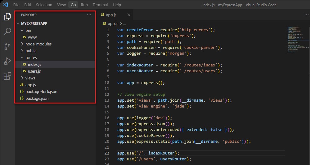 Captura de tela do Visual Studio Code com o ícone Explorer selecionado na barra de atividades.