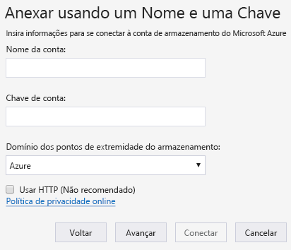 Captura de ecrã do assistente do Azure Storage Explorer para ligar a uma conta de armazenamento externa.