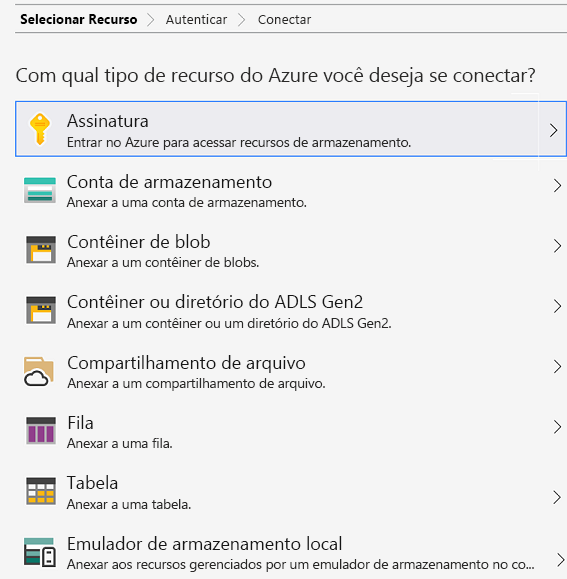 Captura de ecrã da página Gerir Contas do Azure Explorer.