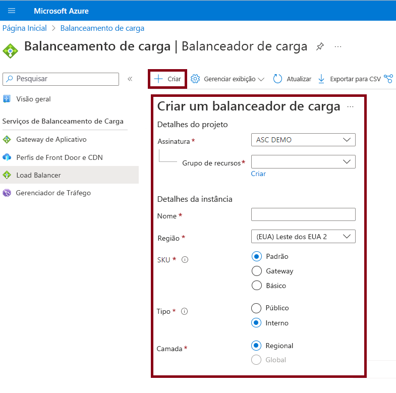 Screenshot that shows how to create an Azure load balancer in the Azure portal.