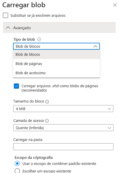 Captura de ecrã da página Carregar Blob que mostra o Tipo de autenticação, os tipos de blob e o tamanho do bloco.