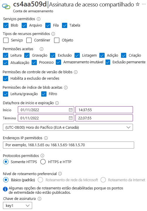 Captura de ecrã da página Criar uma chave de assinatura de acesso partilhado.