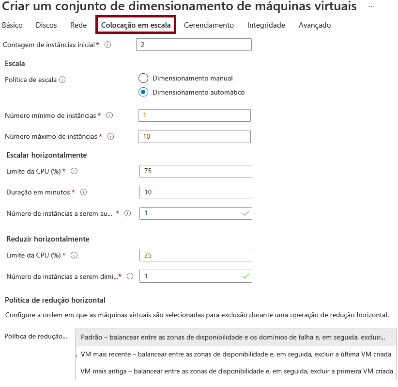 Captura de ecrã das definições para configurar instâncias de máquina virtual e dimensionamento automático no portal do Azure.