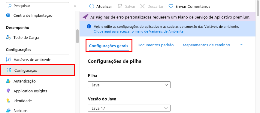 Captura de ecrã a mostrar a navegação para Definir > definições Gerais.