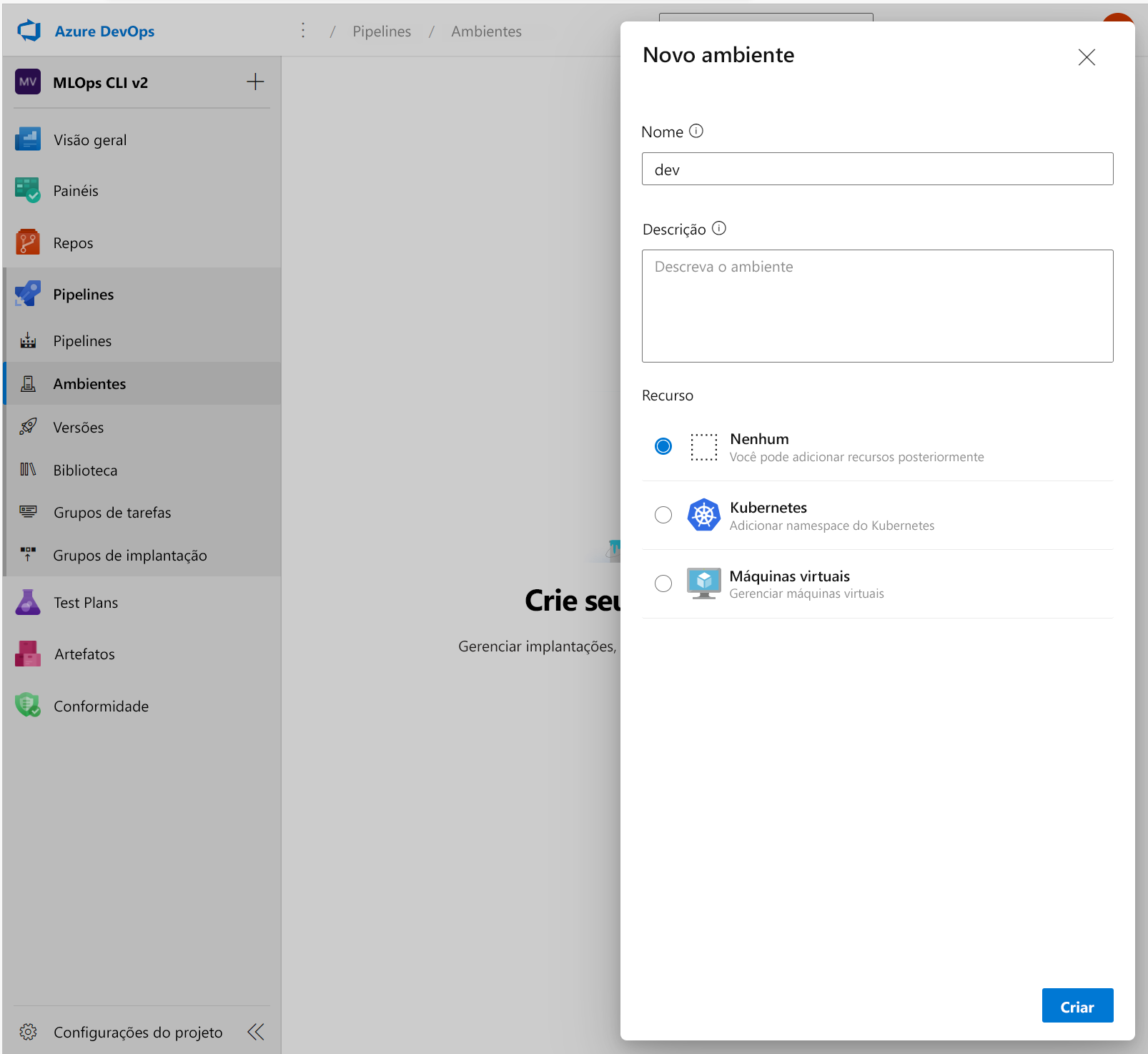 Captura de ecrã a mostrar a criação de um novo ambiente no Azure DevOps.