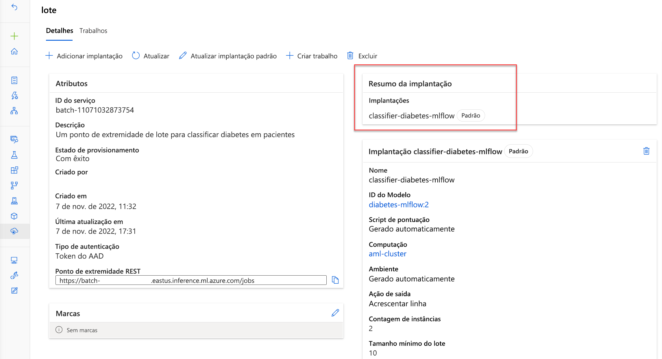 Screenshot of details page of a batch endpoint, showing the default deployment.