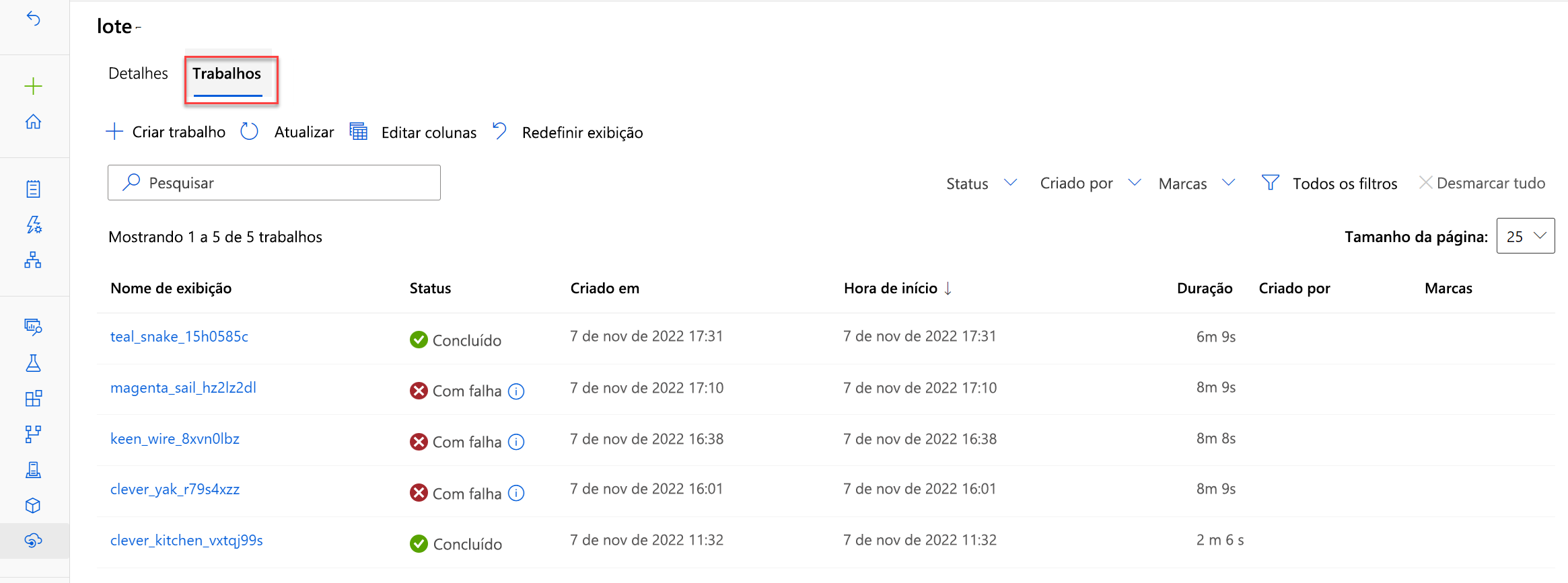 Captura de tela de trabalhos concluídos e com falha de um ponto de extremidade em lote invocado.