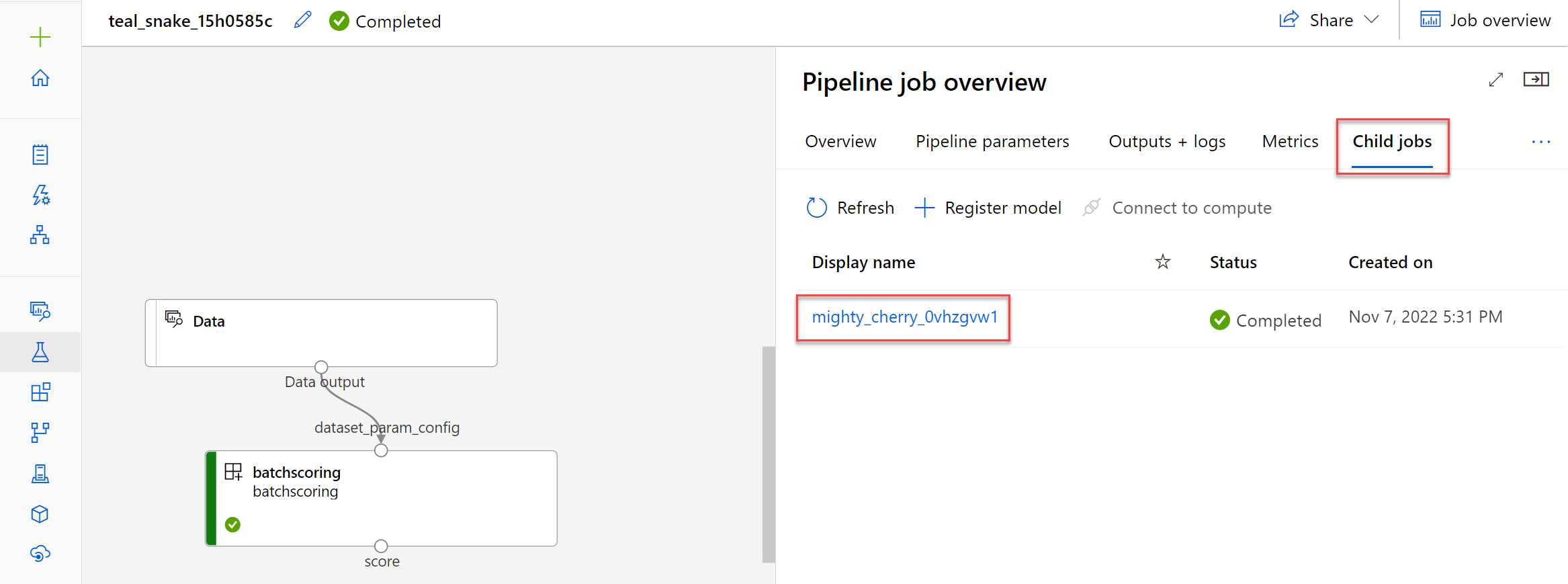 Captura de tela do trabalho filho na visão geral do trabalho de pipeline.