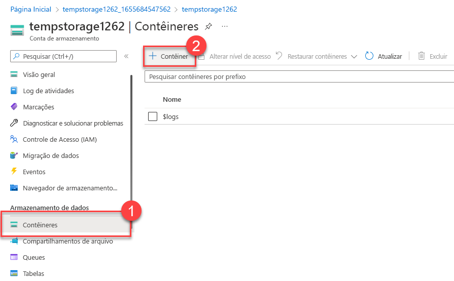 Captura de ecrã da secção Adicionar contentor de uma conta de armazenamento.