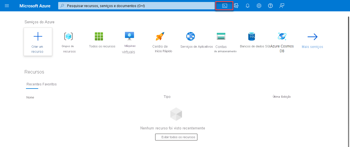 Captura de tela do portal do Azure com o ícone do Cloud Shell enfatizado.