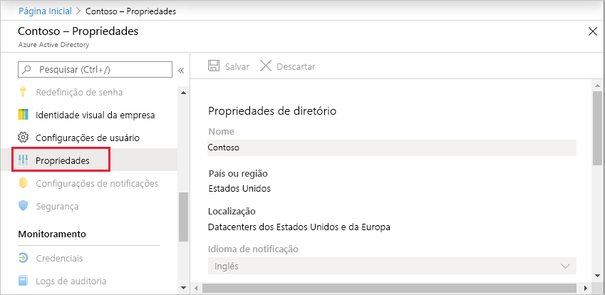 Selecione Propriedades para as propriedades do Microsoft Entra.