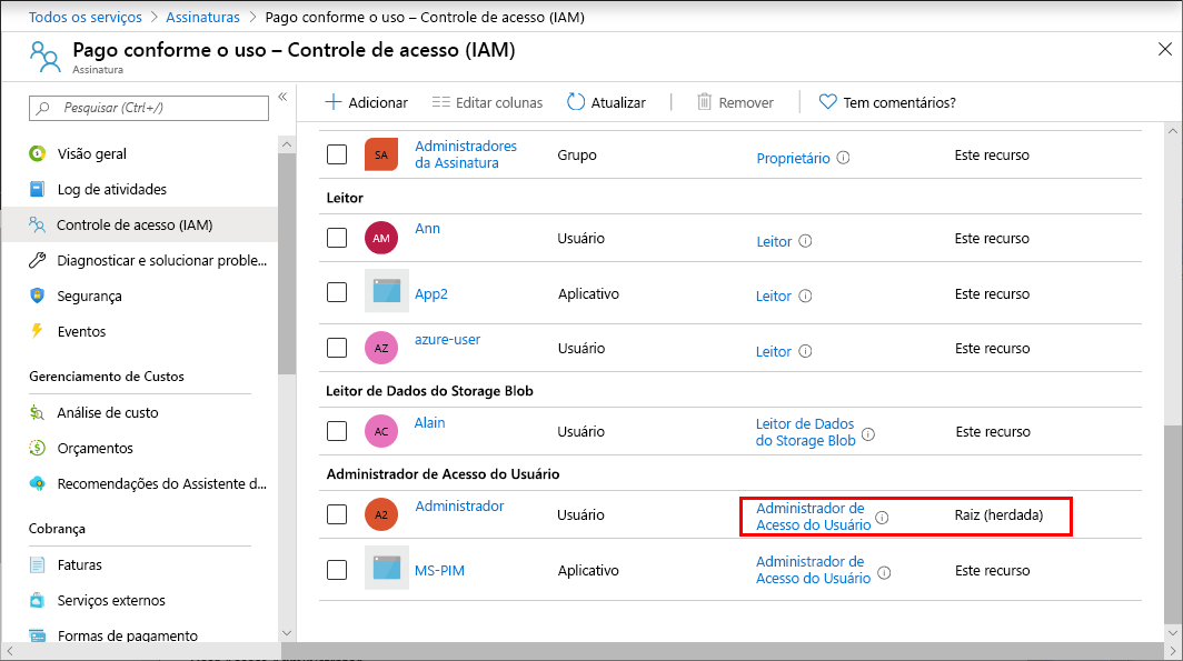 Atribuições de função de assinatura com escopo raiz.