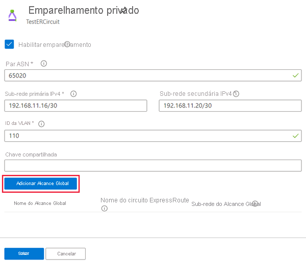 Azure portal - add circuit to GlobalReach