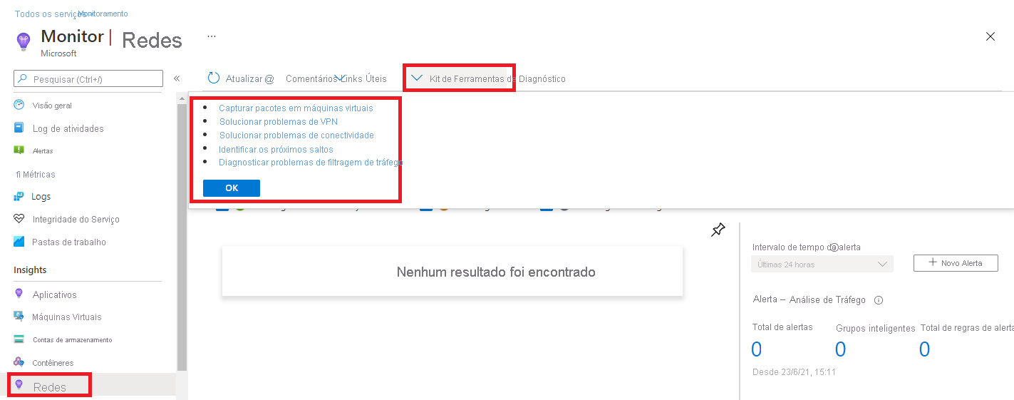 Captura de ecrã do Azure Monitor Network Insights, com o Kit de Ferramentas de Diagnóstico realçado.