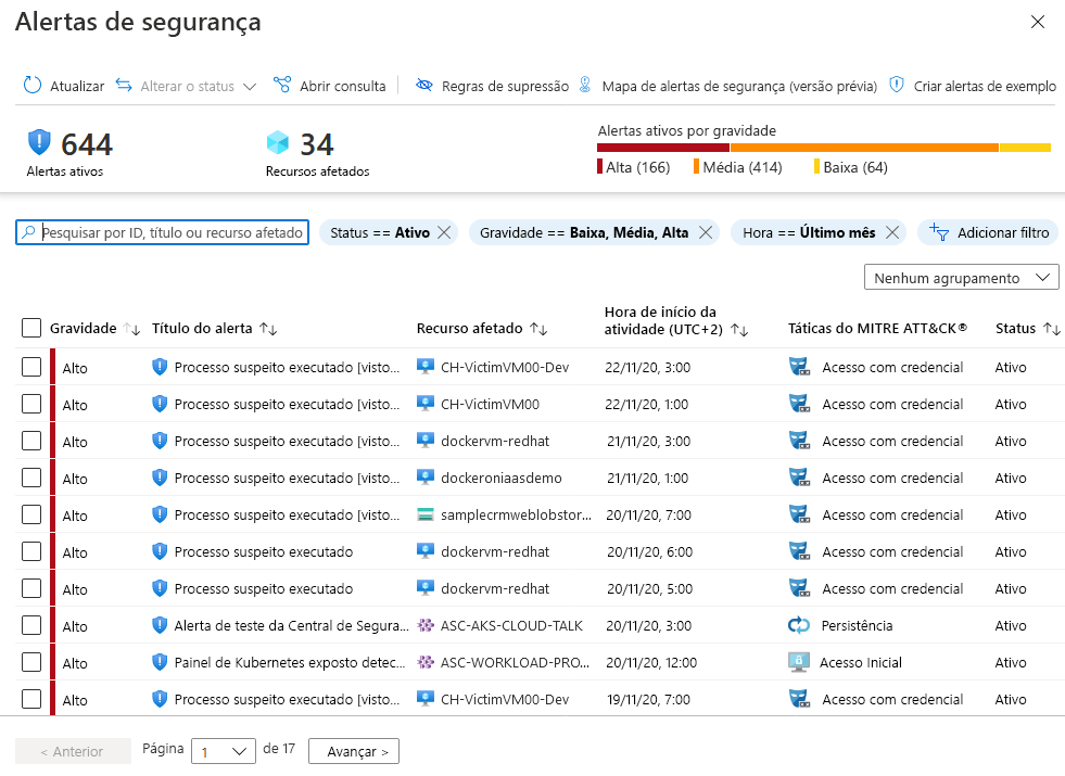 Captura de ecrã da lista Alertas de segurança ativos.