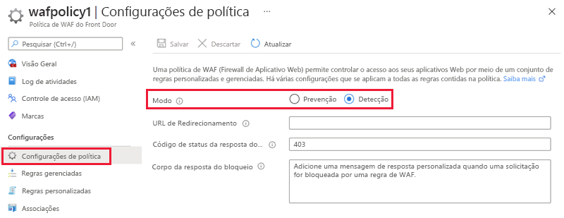 Captura de ecrã dos modos de política WAF.