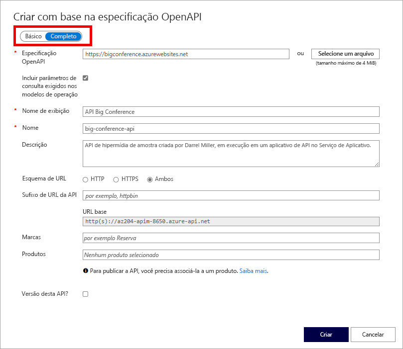 A caixa de diálogo OpenAPI. Os campos são detalhados na tabela a seguir.