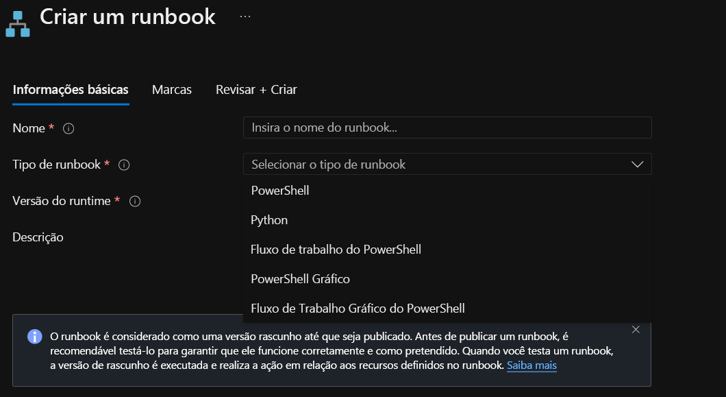 Screenshot of the Add Runbook window. In the left pane, Quick Create, create a new runbook is selected. In the right pane, the runbook type dropdown menu displays options such as PowerShell, Python 2, Graphical, and Other. Under Other is PowerShell Workflow, and Graphical PowerShell workflow.