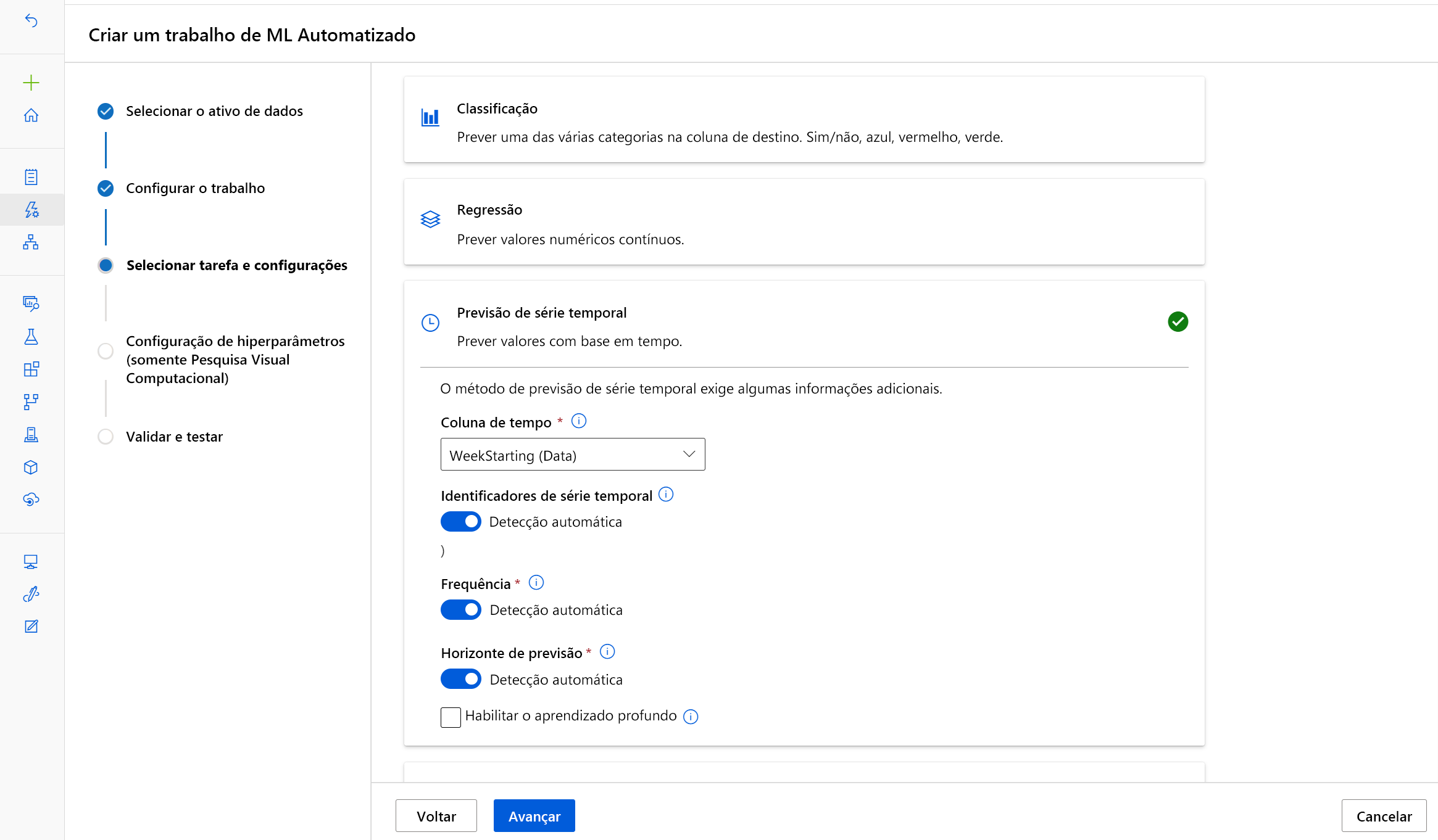 Captura de tela de uma seleção de tarefas ao configurar o Aprendizado de Máquina Automatizado.