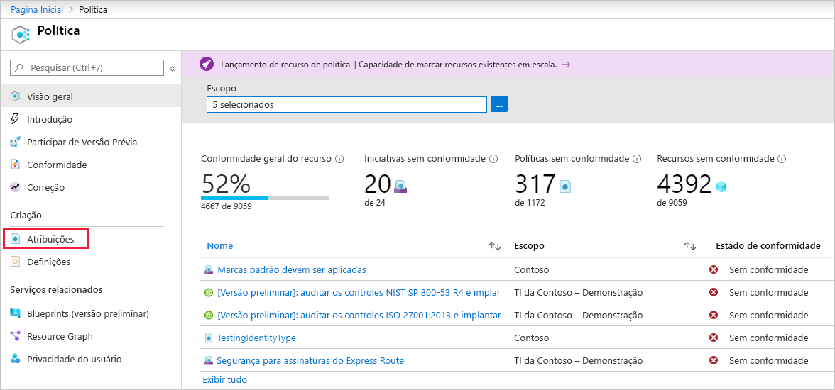 Captura de ecrã a mostrar como configurar atribuições na página Política.