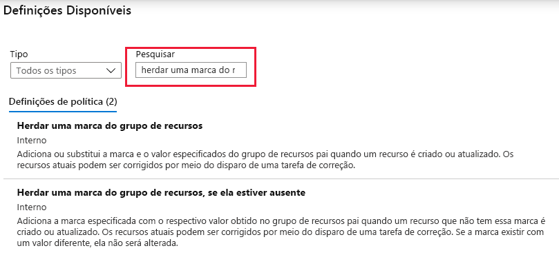 Captura de ecrã a mostrar como ver os tipos de definição de política do Azure disponíveis.