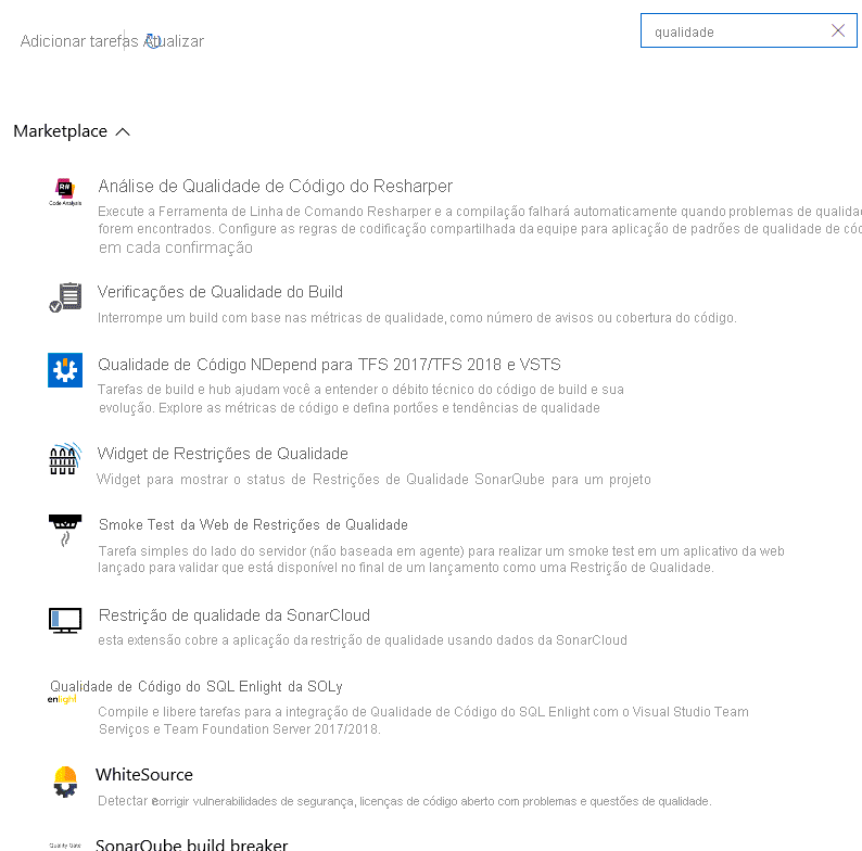 Captura de ecrã da página do Marketplace com uma pesquisa sobre o termo qualidade. Os resultados incluem NDepend e Resharper.