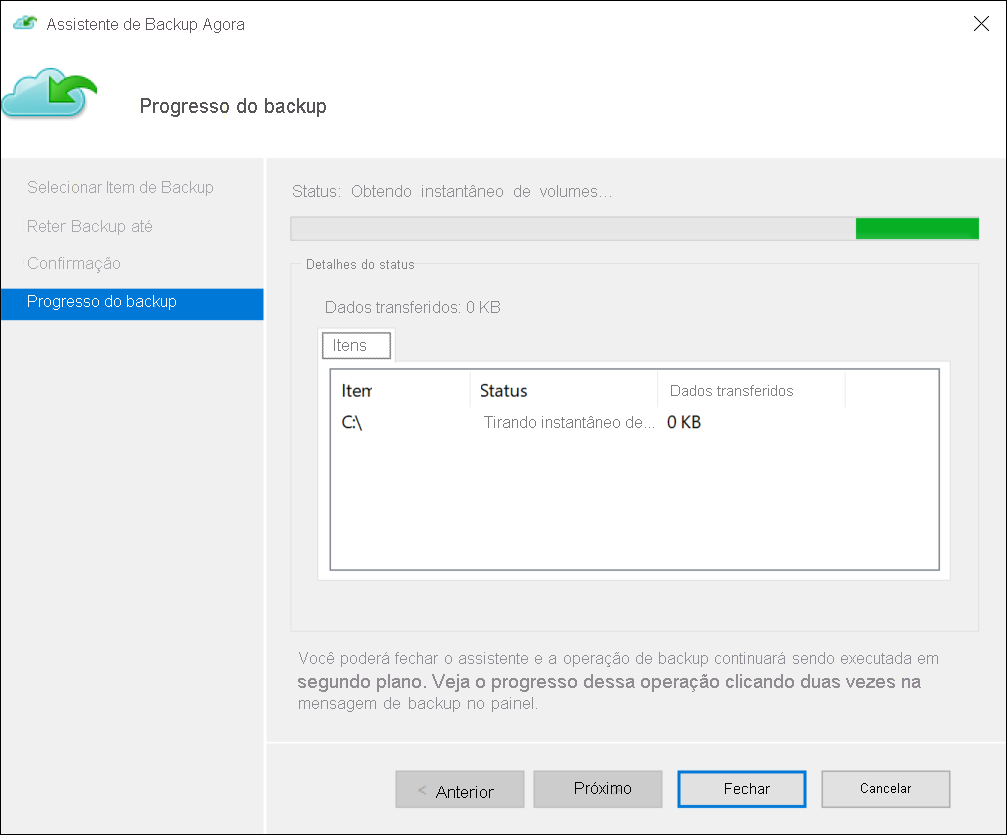 Uma captura de tela da caixa de diálogo Progresso do backup. Um backup foi iniciado pelo administrador.