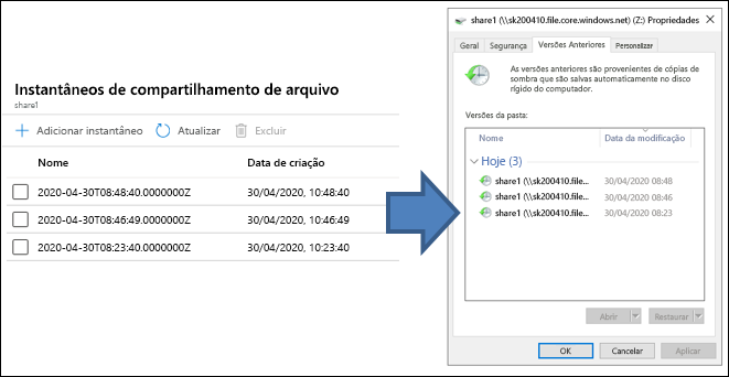 Uma captura de tela de instantâneos de compartilhamento de arquivos, com três instantâneos. A guia Versões Anteriores do compartilhamento de arquivos do Azure tem os mesmos três instantâneos listados.