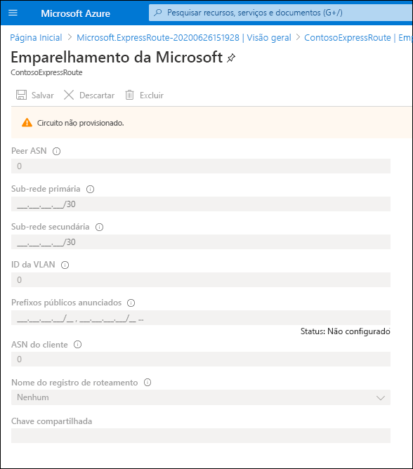 Uma captura de tela da folha de emparelhamento da Microsoft. Nenhum valor pode ser configurado, pois o circuito não é provisionado. No entanto, os valores configuráveis são os descritos anteriormente.