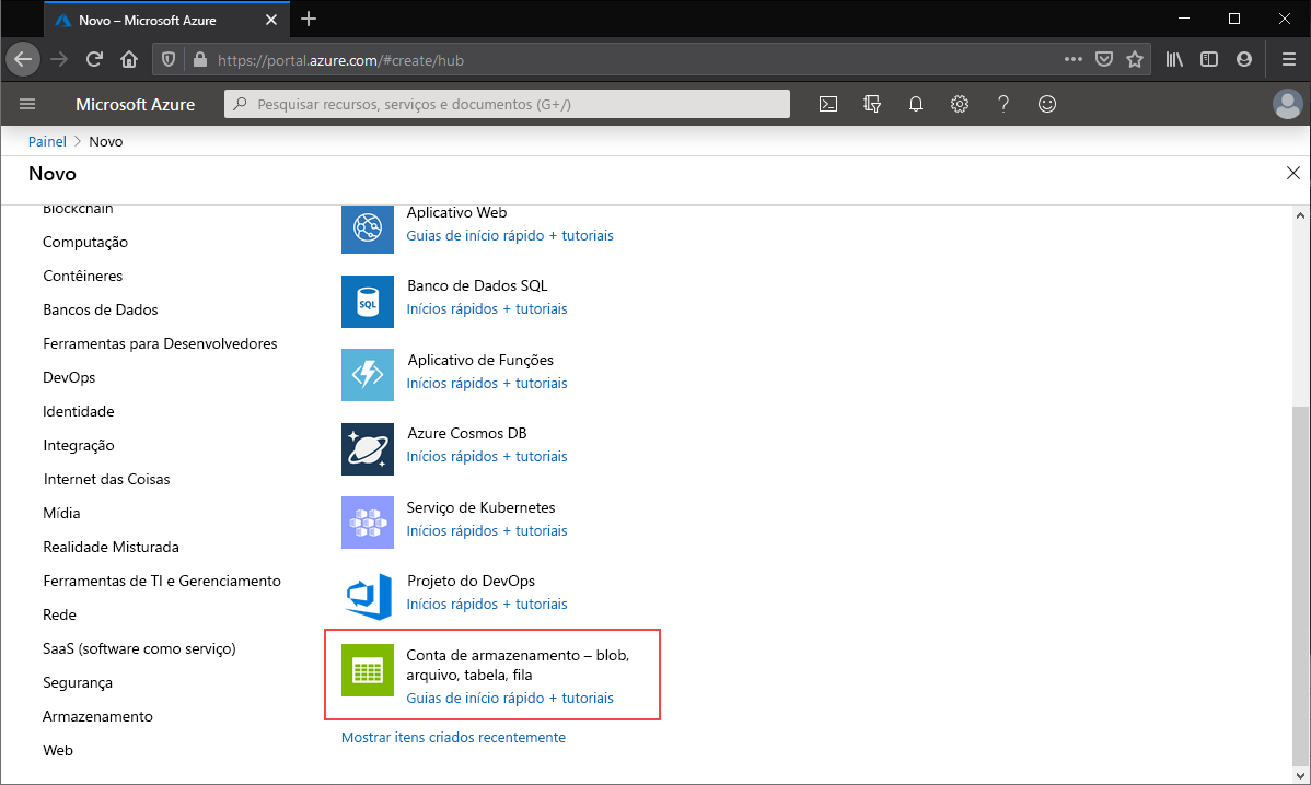 Uma captura de tela da opção de criação rápida da conta de armazenamento em um navegador.