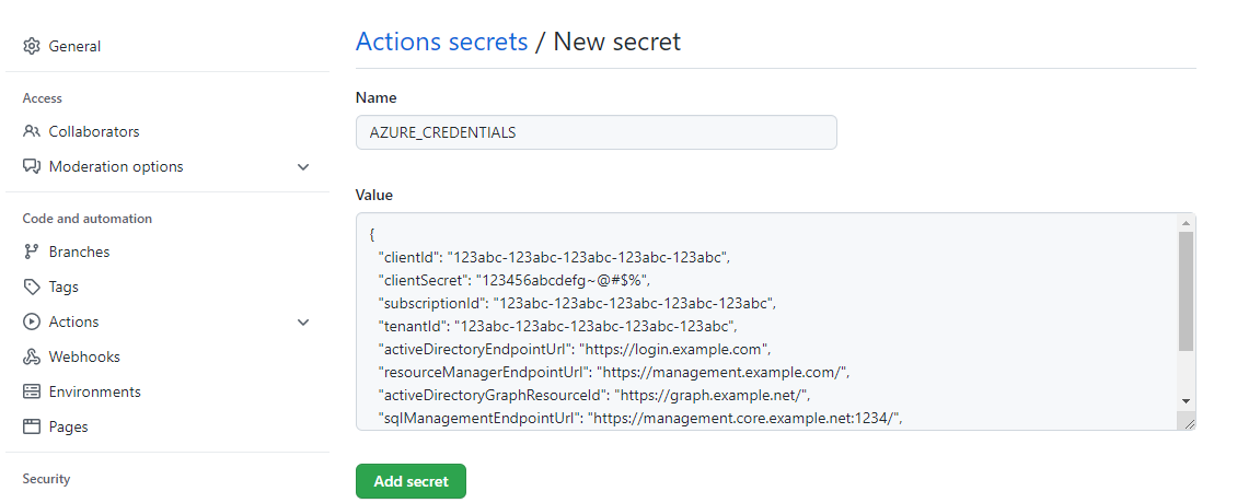 New secret in GitHub