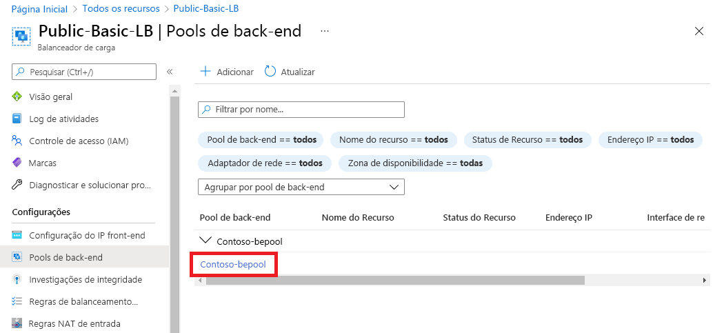 Captura de tela do pool de back-end de exibição na página do balanceador de carga.