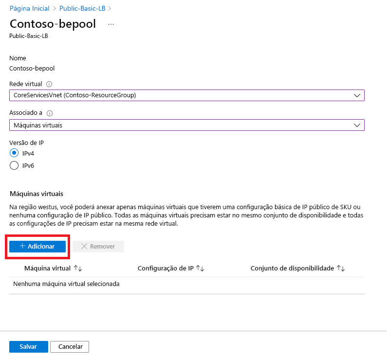 Captura de tela da página Adicionar VM ao pool de back-end.