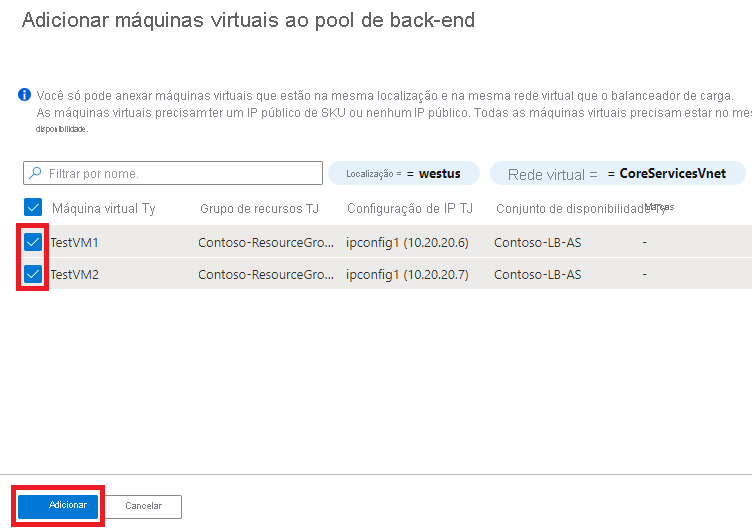 Captura de tela da página Exibir lista de VMs adicionadas ao pool de back-end.