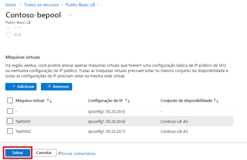 Captura de tela da página Salvar pool de back-end com VMs adicionadas.