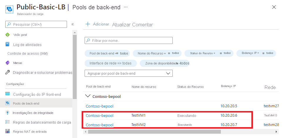 Captura de tela da página Exibir lista de pools de back-end em execução no balanceador de carga.