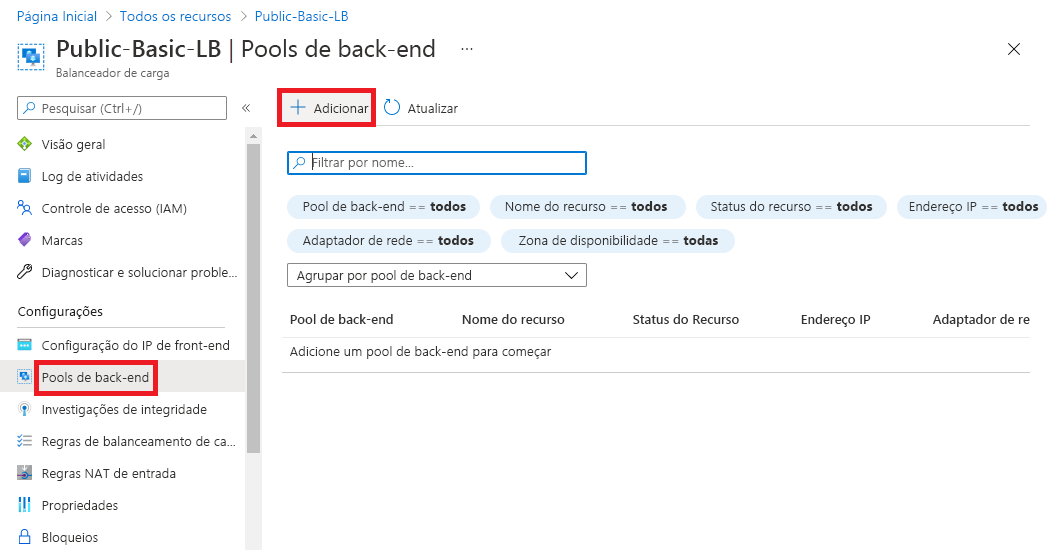 Captura de tela da página Adicionar pool de back-end.