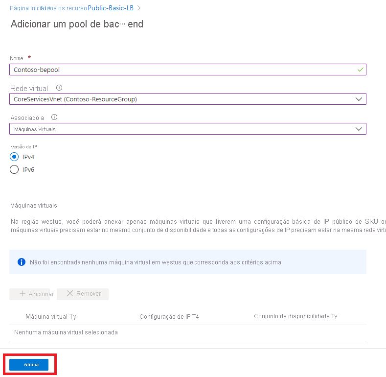 Captura de tela da página Adicionar pool de back-end - Adicionar.