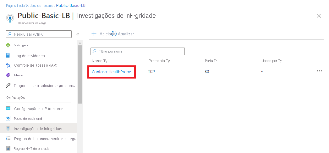 Captura de tela da página Exibir lista de testes de integridade adicionados no balanceador de carga.