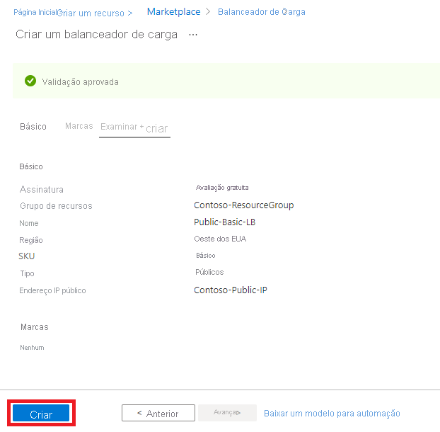 Captura de ecrã das definições de configuração para a nova página do balanceador de carga.