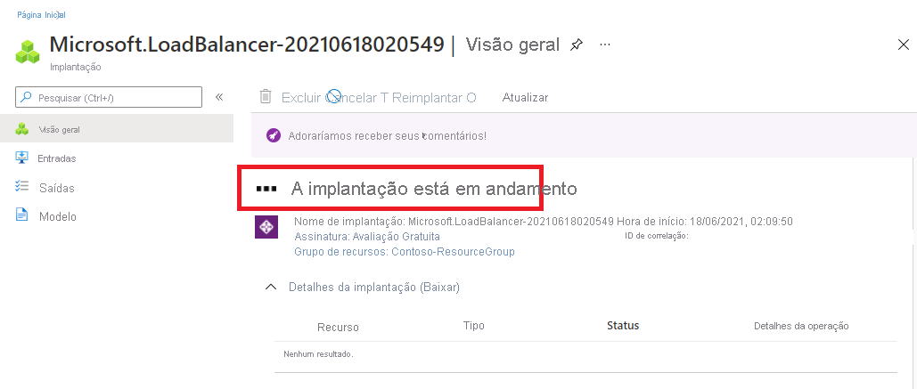 Captura de tela da página Balanceador de carga criado - implantação em andamento.