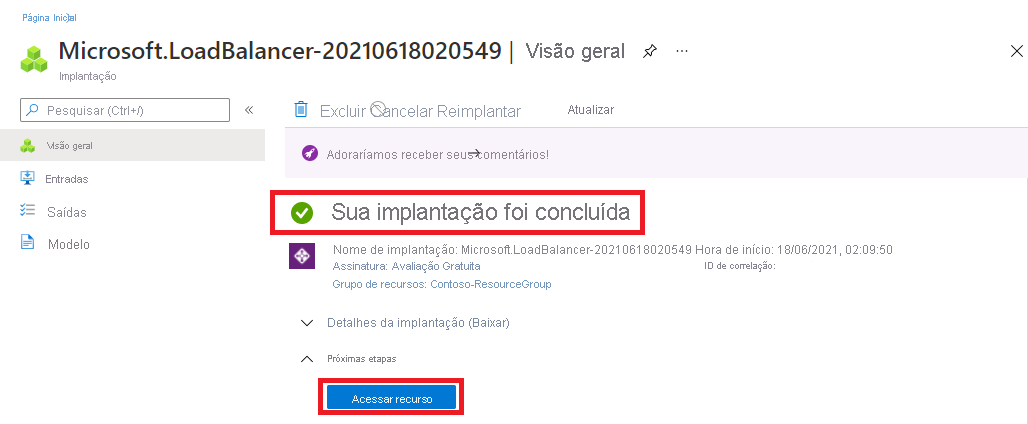 Captura de tela da página Created load balancer - deployment complete.