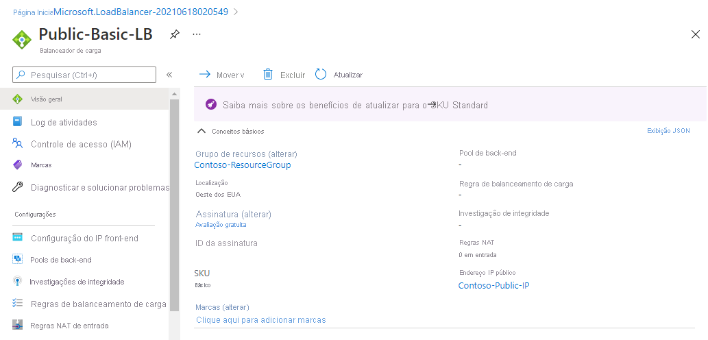 Captura de ecrã da página Ver Descrição Geral do recurso do balanceador de carga na página do portal do Azure.