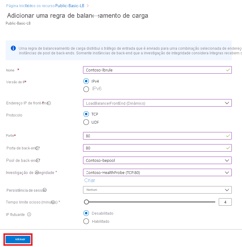 Captura de ecrã da página Regra de balanceamento de carga adicionada - Adicionar.